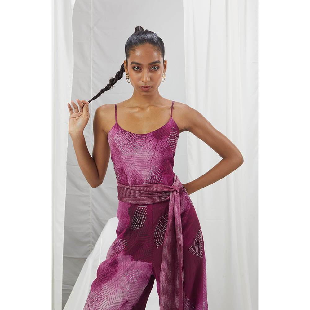 Nirmooha Ruby Printed Hand Embellished Jumpsuit with Lurex Printed Belt Purple (Set of 2)