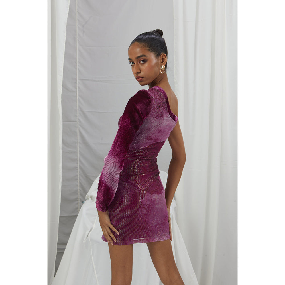 Nirmooha Ruby One Shoulder Lurex Dress with Velvet Sleeve & Draping Purple