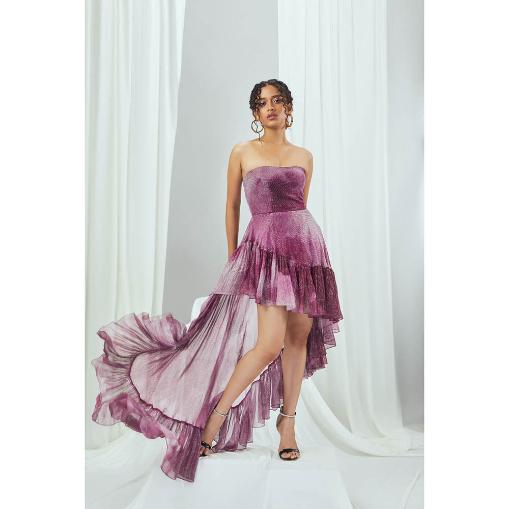 Nirmooha Ruby Printed Lurex Asymmetrical Ruffle Dress Purple