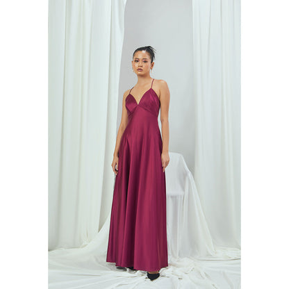 Nirmooha Ruby Satin Slip Gown with Cross Back Purple
