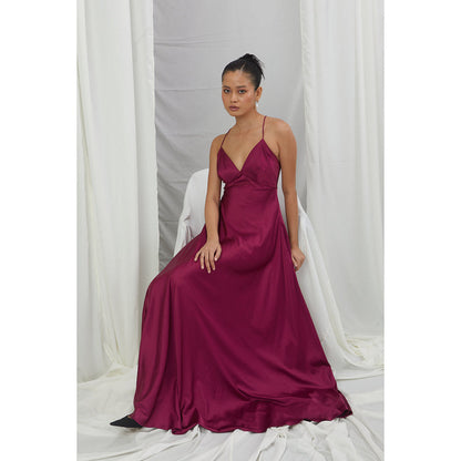 Nirmooha Ruby Satin Slip Gown with Cross Back Purple