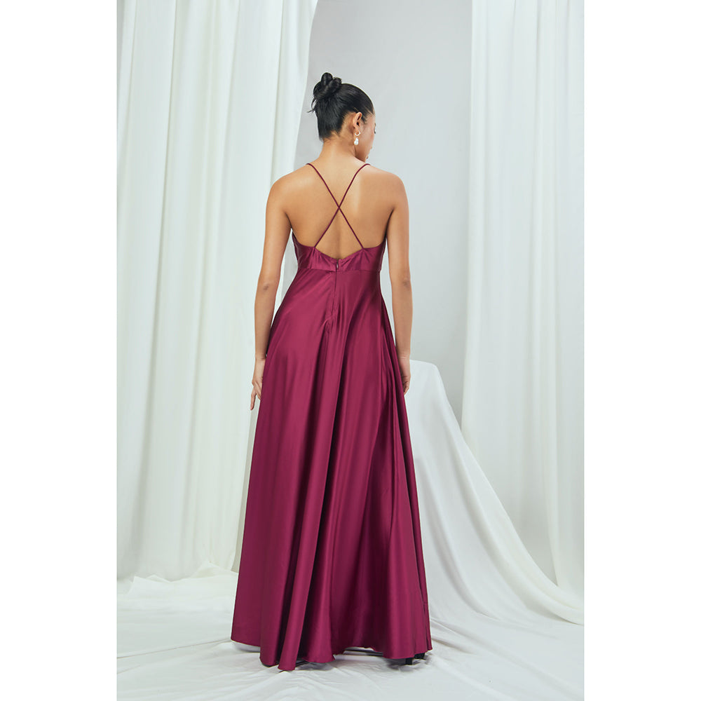 Nirmooha Ruby Satin Slip Gown with Cross Back Purple