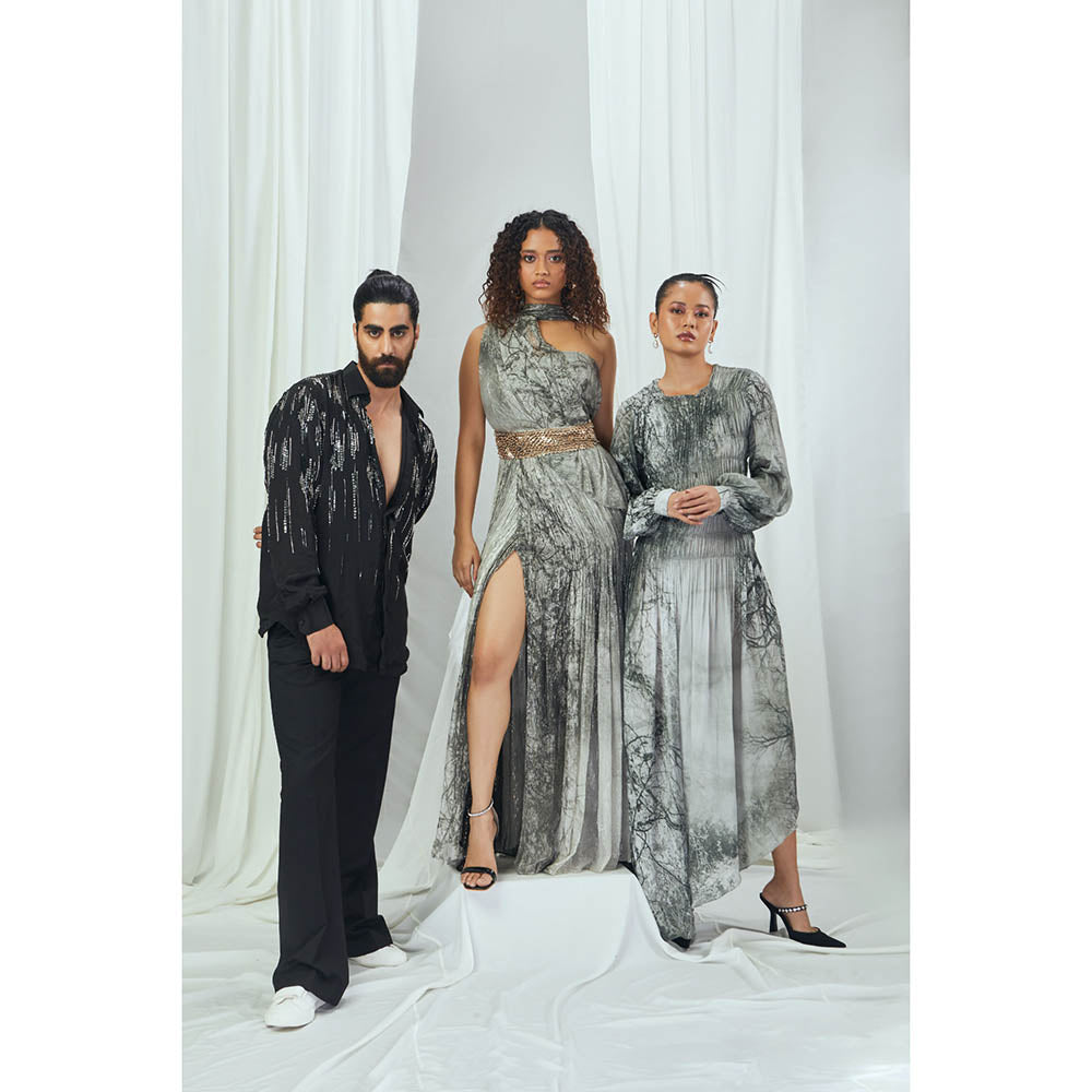 Nirmooha Forest Printed One Shoulder Dress with Hand Embellished Waist Band & Tail Grey