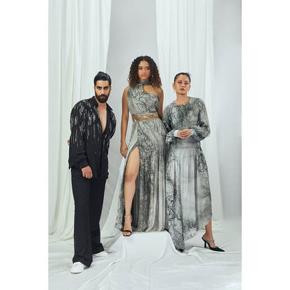 Nirmooha Forest Printed One Shoulder Dress with Hand Embellished Waist Band & Tail Grey