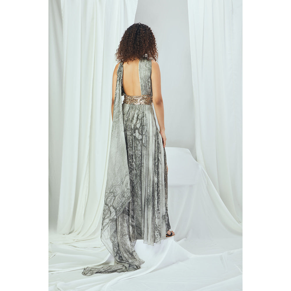 Nirmooha Forest Printed One Shoulder Dress with Hand Embellished Waist Band & Tail Grey