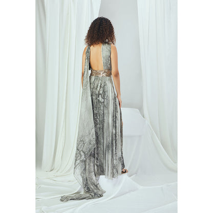 Nirmooha Forest Printed One Shoulder Dress with Hand Embellished Waist Band & Tail Grey