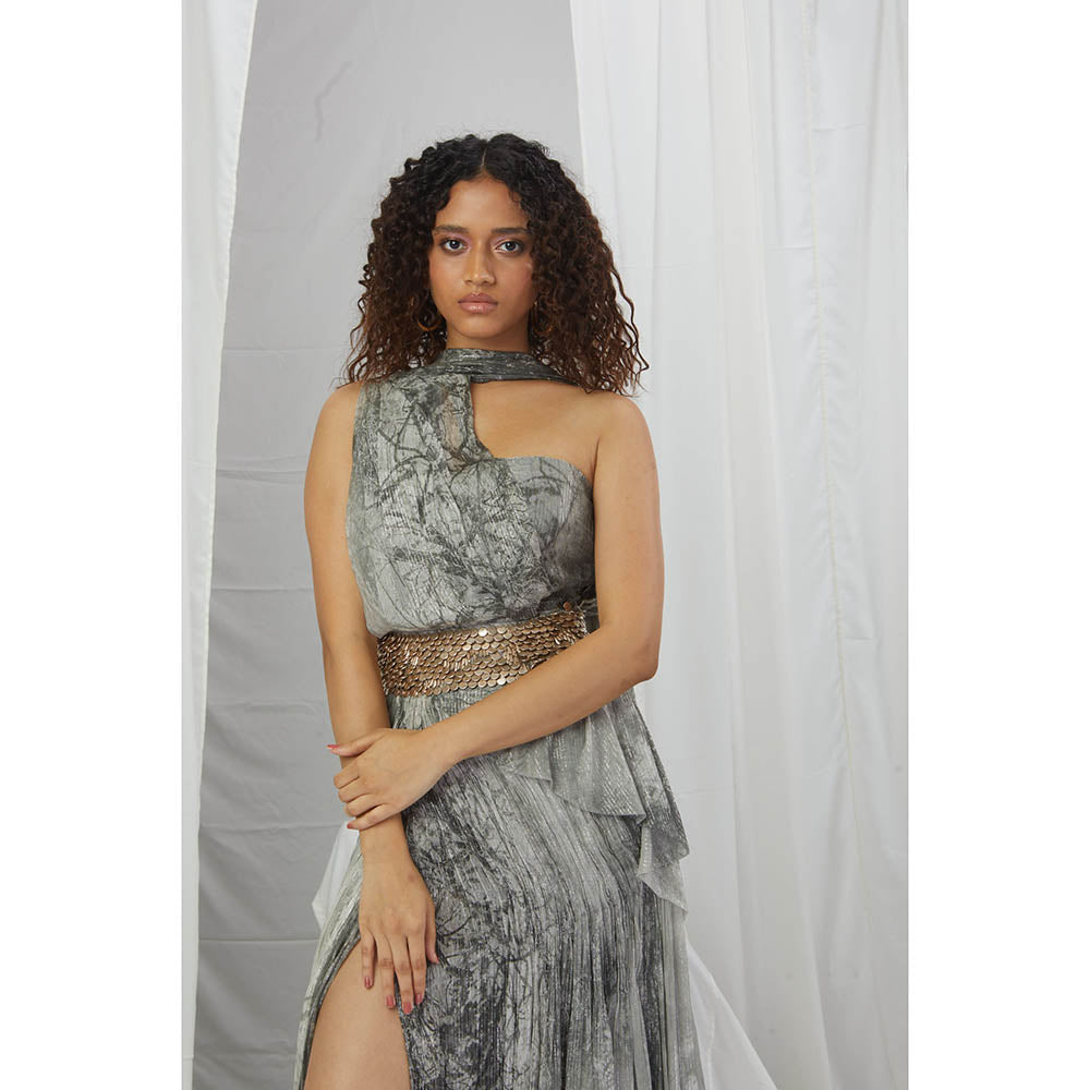 Nirmooha Forest Printed One Shoulder Dress with Hand Embellished Waist Band & Tail Grey