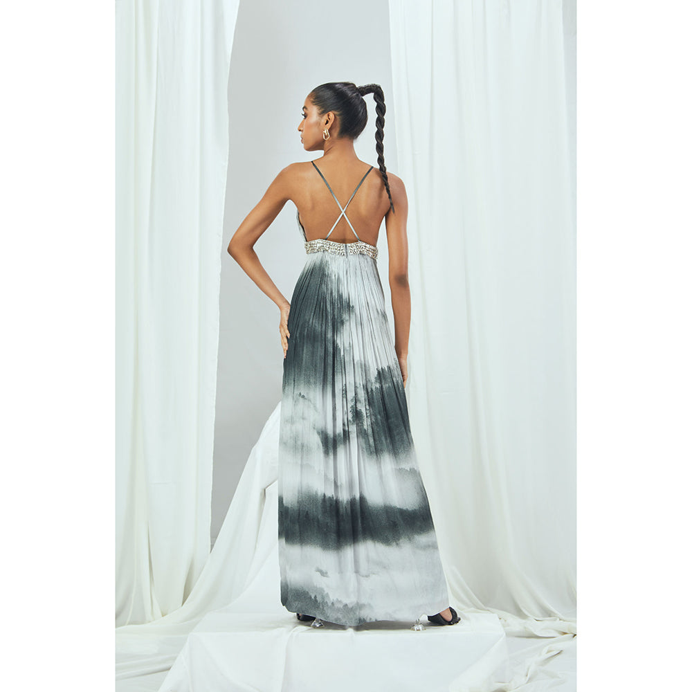 Nirmooha Landscape Printed Slip Dress with Plunging Neck & Hand Embellished Grey