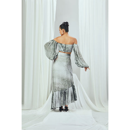 Nirmooha Forest Printed Off Shoulder Crop Top with Balloon Sleeves Grey
