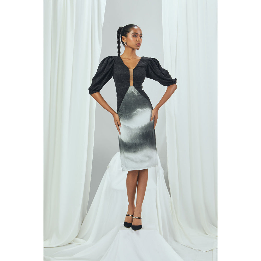 Nirmooha Shimmer V-Neck Dress with Landscape Printed Bottom & Balloon Sleeves Black
