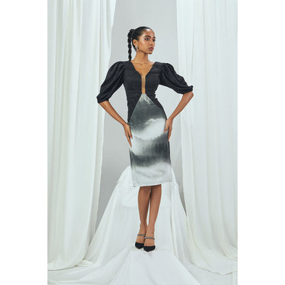 Nirmooha Shimmer V-Neck Dress with Landscape Printed Bottom & Balloon Sleeves Black