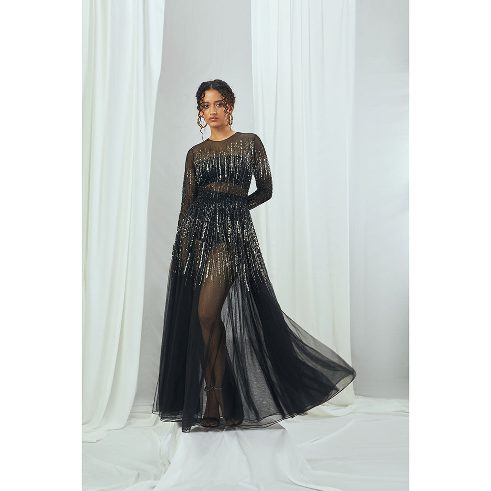 Nirmooha Carbon Sheer Net Gown with Hand Embellished & Full Sleeves Black