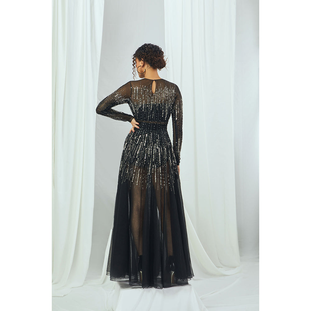 Nirmooha Carbon Sheer Net Gown with Hand Embellished & Full Sleeves Black