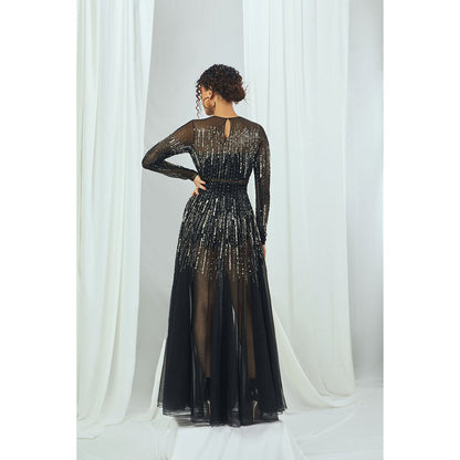 Nirmooha Carbon Sheer Net Gown with Hand Embellished & Full Sleeves Black