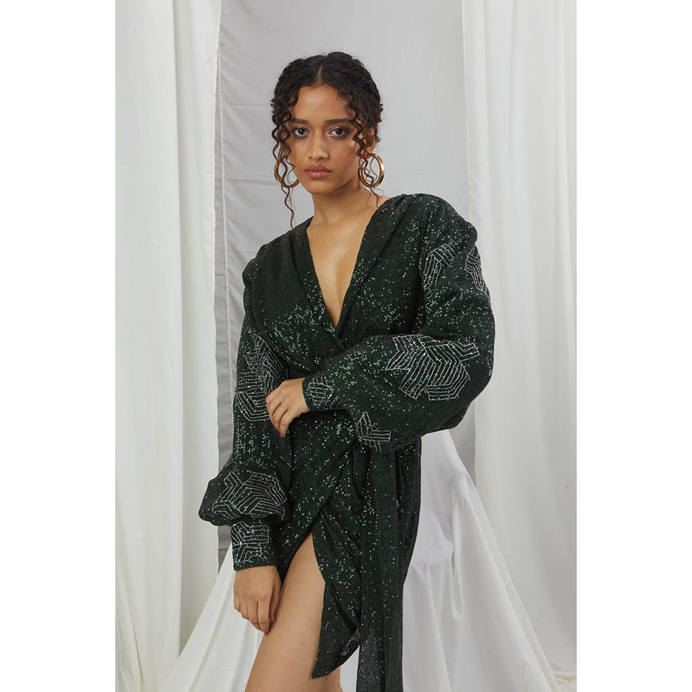 Nirmooha Emerald Sequin Mini Dress with Emerald Shimmer Belt Green (Set of 2)