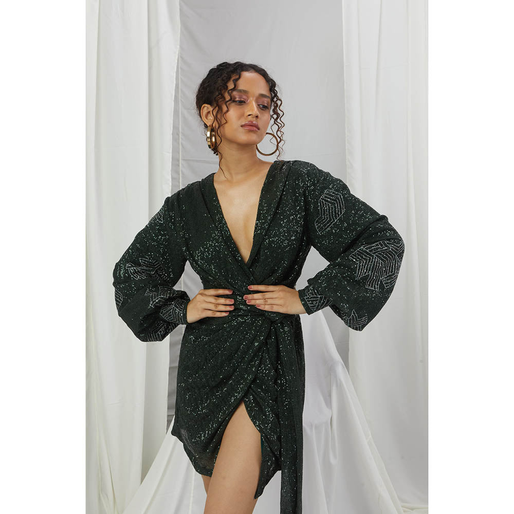 Nirmooha Emerald Sequin Mini Dress with Emerald Shimmer Belt Green (Set of 2)