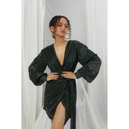 Nirmooha Emerald Sequin Mini Dress with Emerald Shimmer Belt Green (Set of 2)