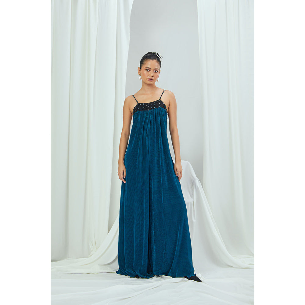 Nirmooha Jade Blue Pleated Jumpsuit with Hand Embellished