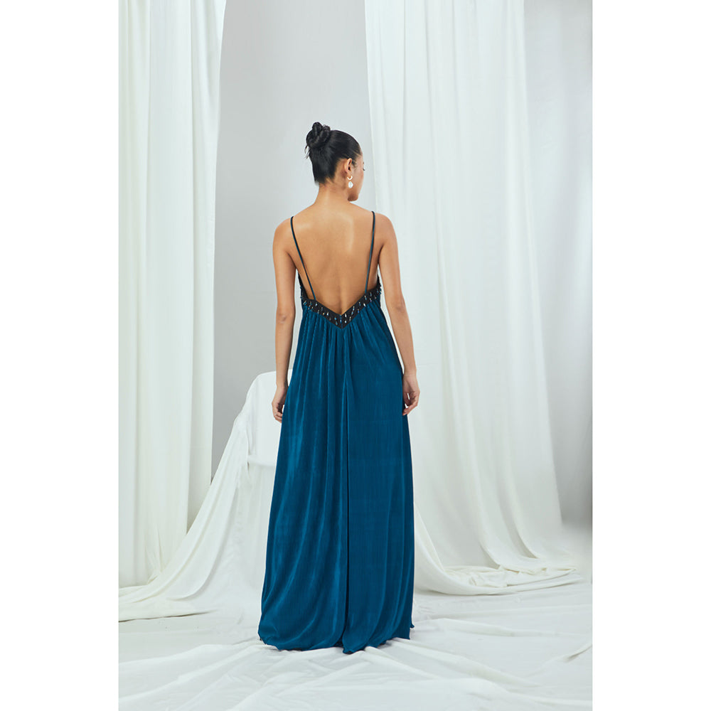 Nirmooha Jade Blue Pleated Jumpsuit with Hand Embellished