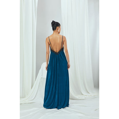 Nirmooha Jade Blue Pleated Jumpsuit with Hand Embellished