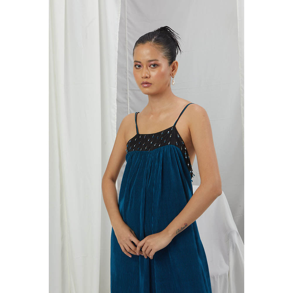 Nirmooha Jade Blue Pleated Jumpsuit with Hand Embellished
