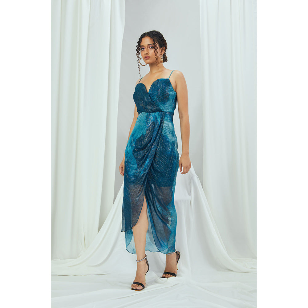 Nirmooha Jade Blue Blotched Printed Lurex Midi Dress with Cowl Draping
