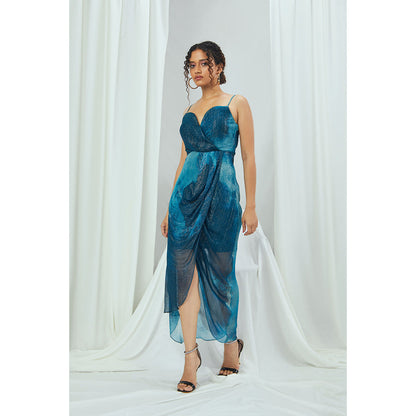 Nirmooha Jade Blue Blotched Printed Lurex Midi Dress with Cowl Draping