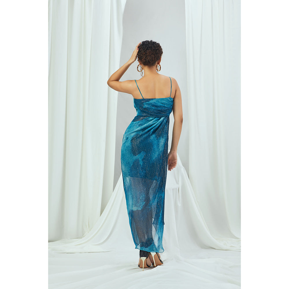 Nirmooha Jade Blue Blotched Printed Lurex Midi Dress with Cowl Draping