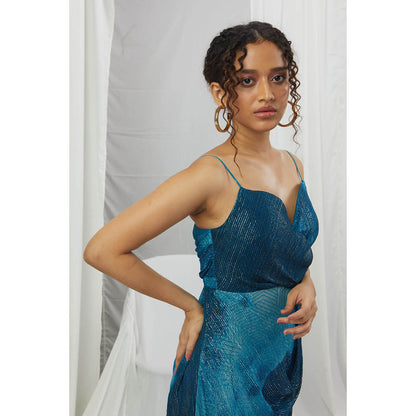Nirmooha Jade Blue Blotched Printed Lurex Midi Dress with Cowl Draping