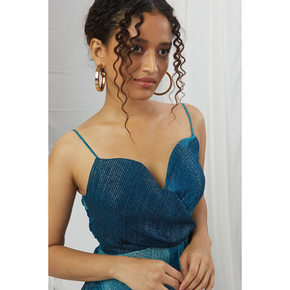 Nirmooha Jade Blue Blotched Printed Lurex Midi Dress with Cowl Draping