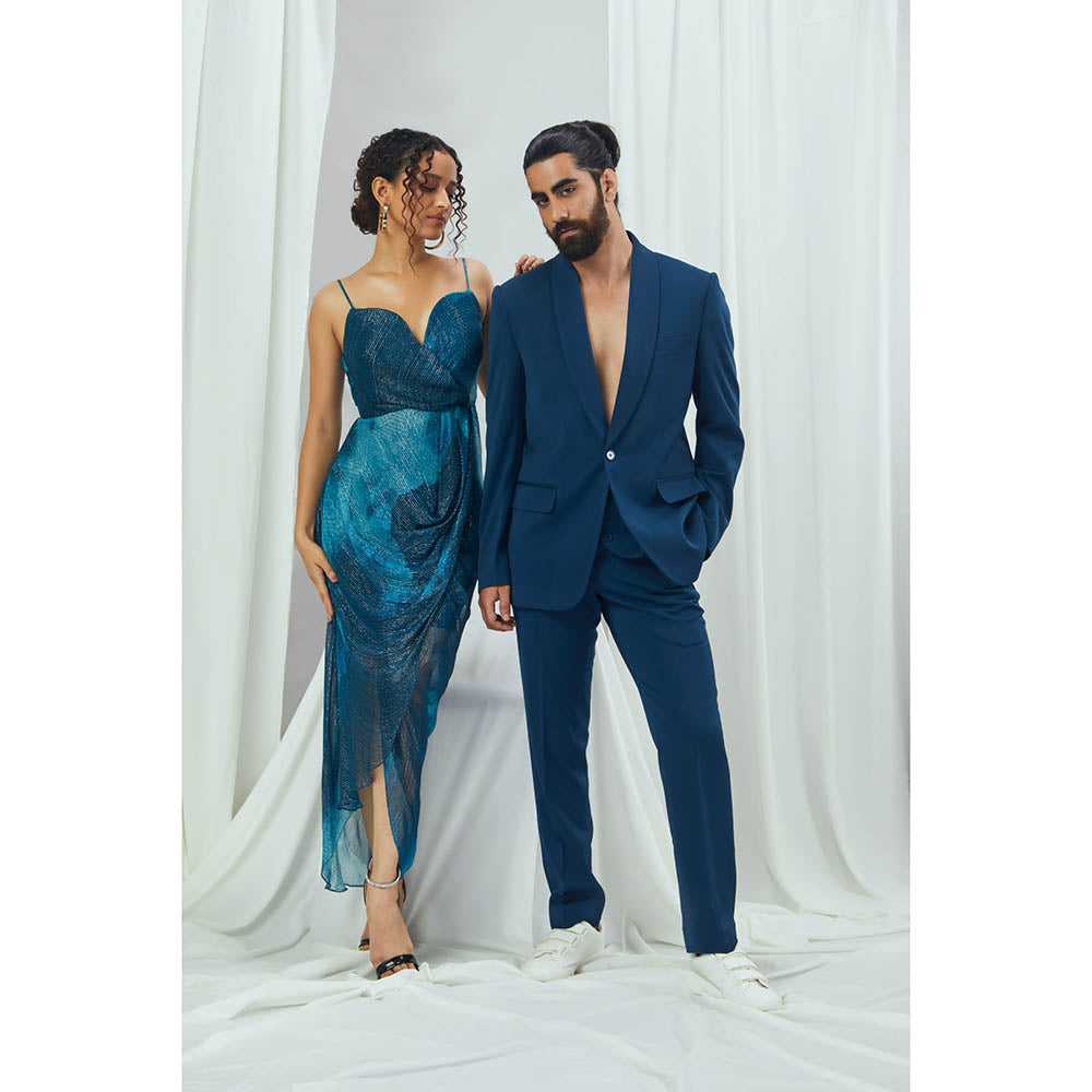 Nirmooha Jade Blue Blotched Printed Lurex Midi Dress with Cowl Draping