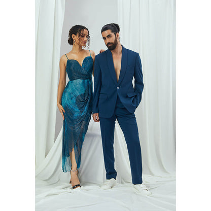 Nirmooha Jade Blue Blotched Printed Lurex Midi Dress with Cowl Draping