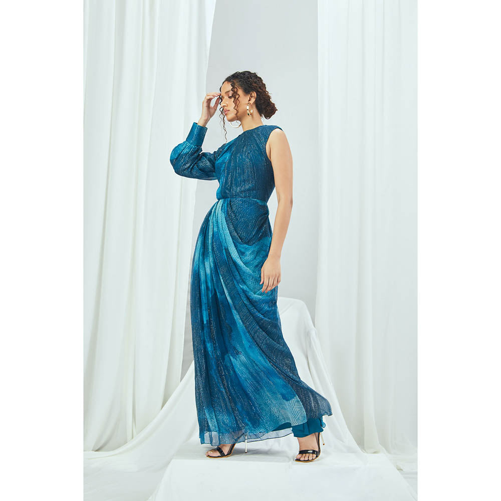Nirmooha Jade Blue Blotched Printed Drape Maxi Dress with One Shoulder