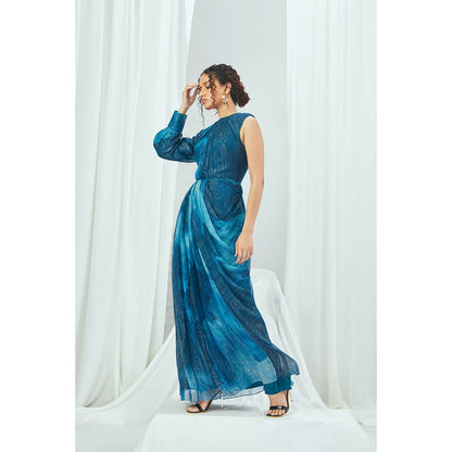 Nirmooha Jade Blue Blotched Printed Drape Maxi Dress with One Shoulder