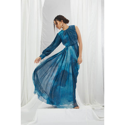 Nirmooha Jade Blue Blotched Printed Drape Maxi Dress with One Shoulder