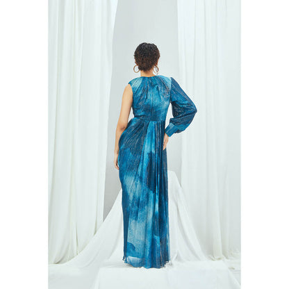 Nirmooha Jade Blue Blotched Printed Drape Maxi Dress with One Shoulder