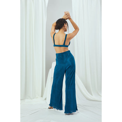 Nirmooha Jade Blue Pleated Wide Pants Teal