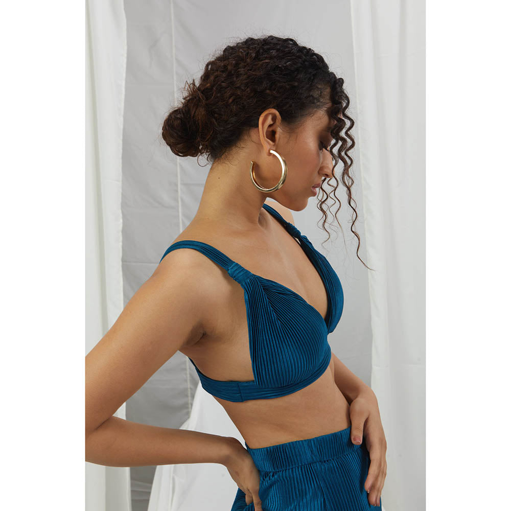 Nirmooha Jade Blue Pleated Wide Pants Teal
