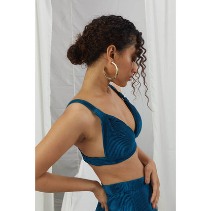 Nirmooha Jade Blue Pleated Wide Pants Teal