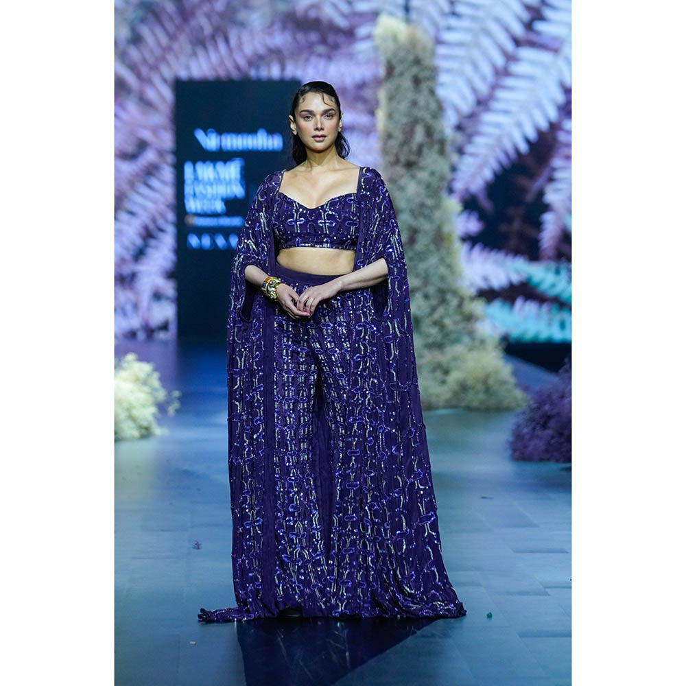 Nirmooha Deep Blue Crepe Embroidered Bustier With Flared Pants & Jacket (Set of 3)