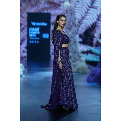 Nirmooha Deep Blue Crepe Embroidered Bustier With Flared Pants & Jacket (Set of 3)