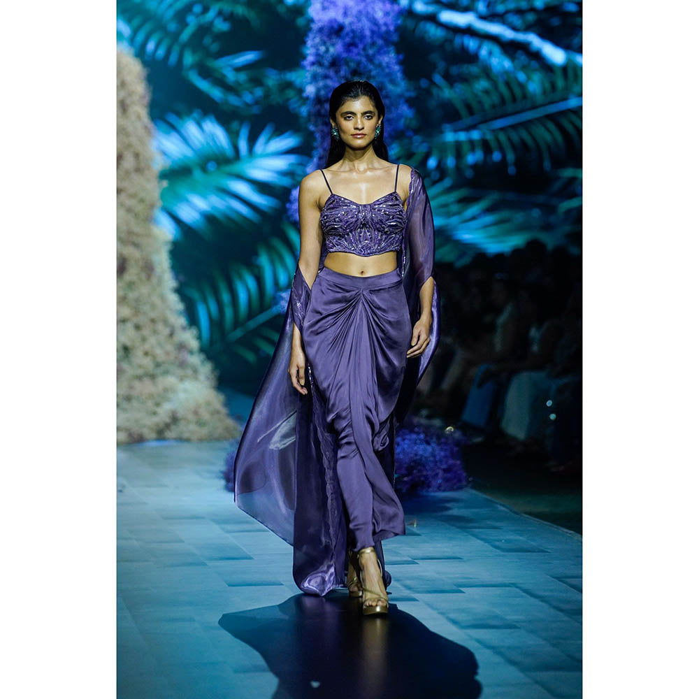 Nirmooha Deep Purple Embroidered Corset With Modal Satin Draped Skirt & Shrug (Set of 3)