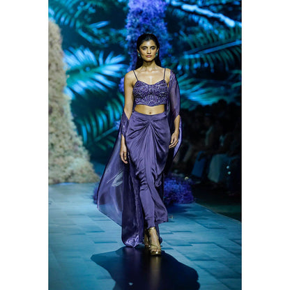 Nirmooha Deep Purple Embroidered Corset With Modal Satin Draped Skirt & Shrug (Set of 3)