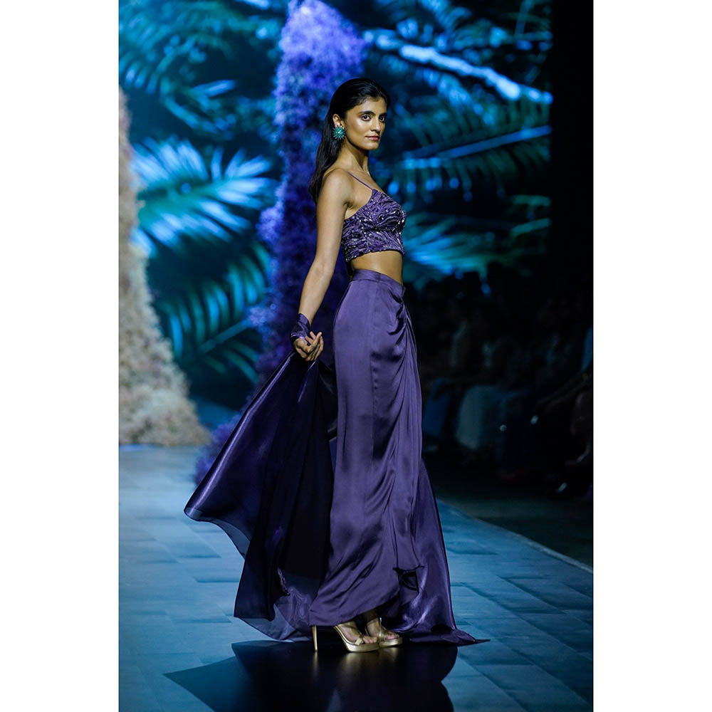 Nirmooha Deep Purple Embroidered Corset With Modal Satin Draped Skirt & Shrug (Set of 3)