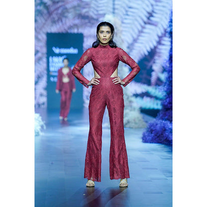 Nirmooha Intense Maroon Chantilly Lace Work High Neck Jumpsuit