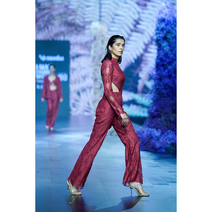 Nirmooha Intense Maroon Chantilly Lace Work High Neck Jumpsuit