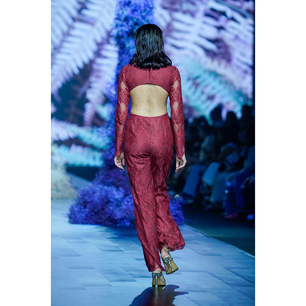 Nirmooha Intense Maroon Chantilly Lace Work High Neck Jumpsuit