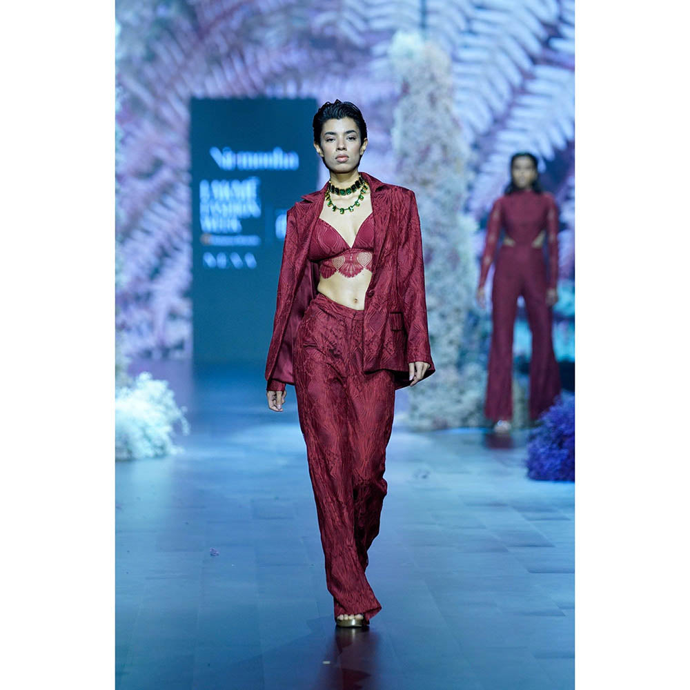 Nirmooha Maroon Chantilly Blazer With Satin Detailing Pants & Bralette (Set of 3)