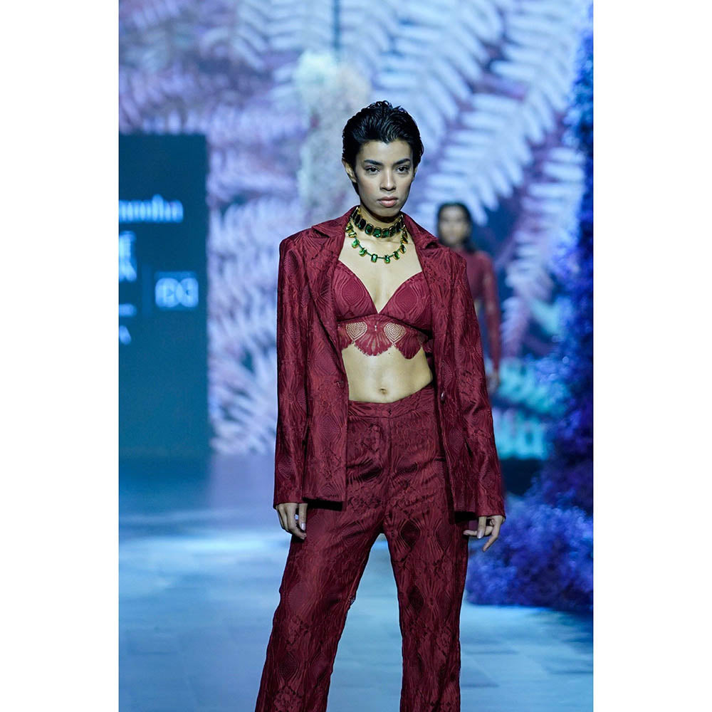 Nirmooha Maroon Chantilly Blazer With Satin Detailing Pants & Bralette (Set of 3)