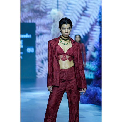 Nirmooha Maroon Chantilly Blazer With Satin Detailing Pants & Bralette (Set of 3)